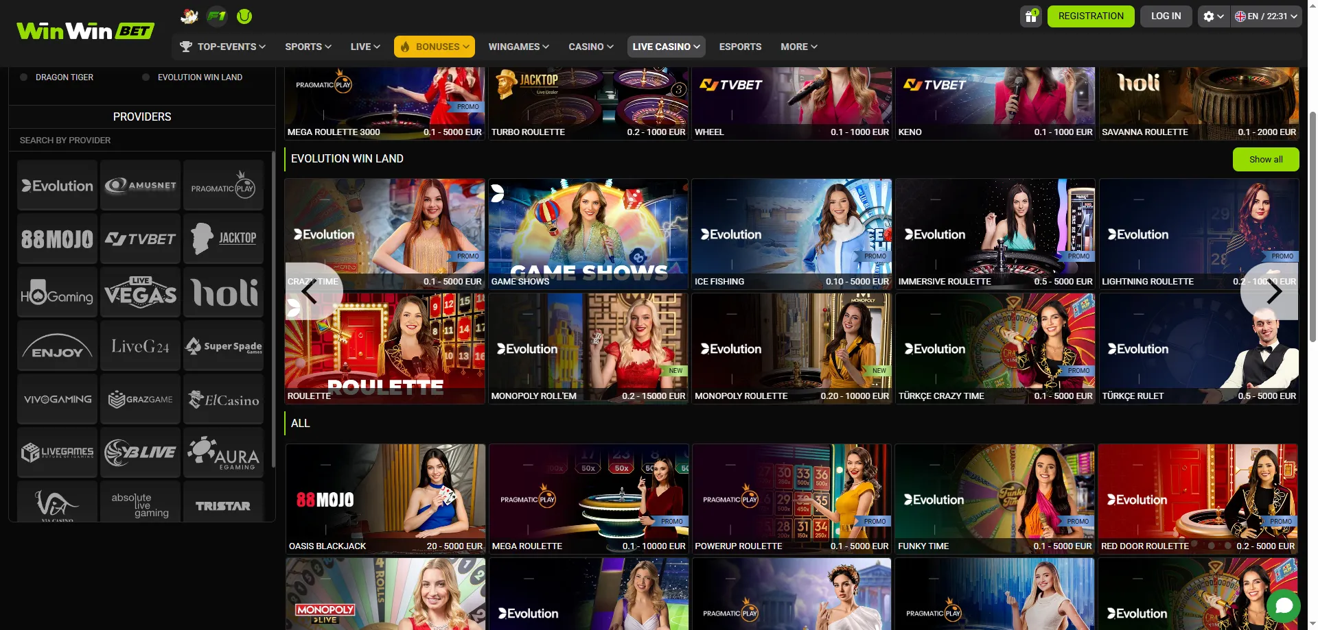 Casino en direct WinWin Bet — tables live avec croupiers professionnels
