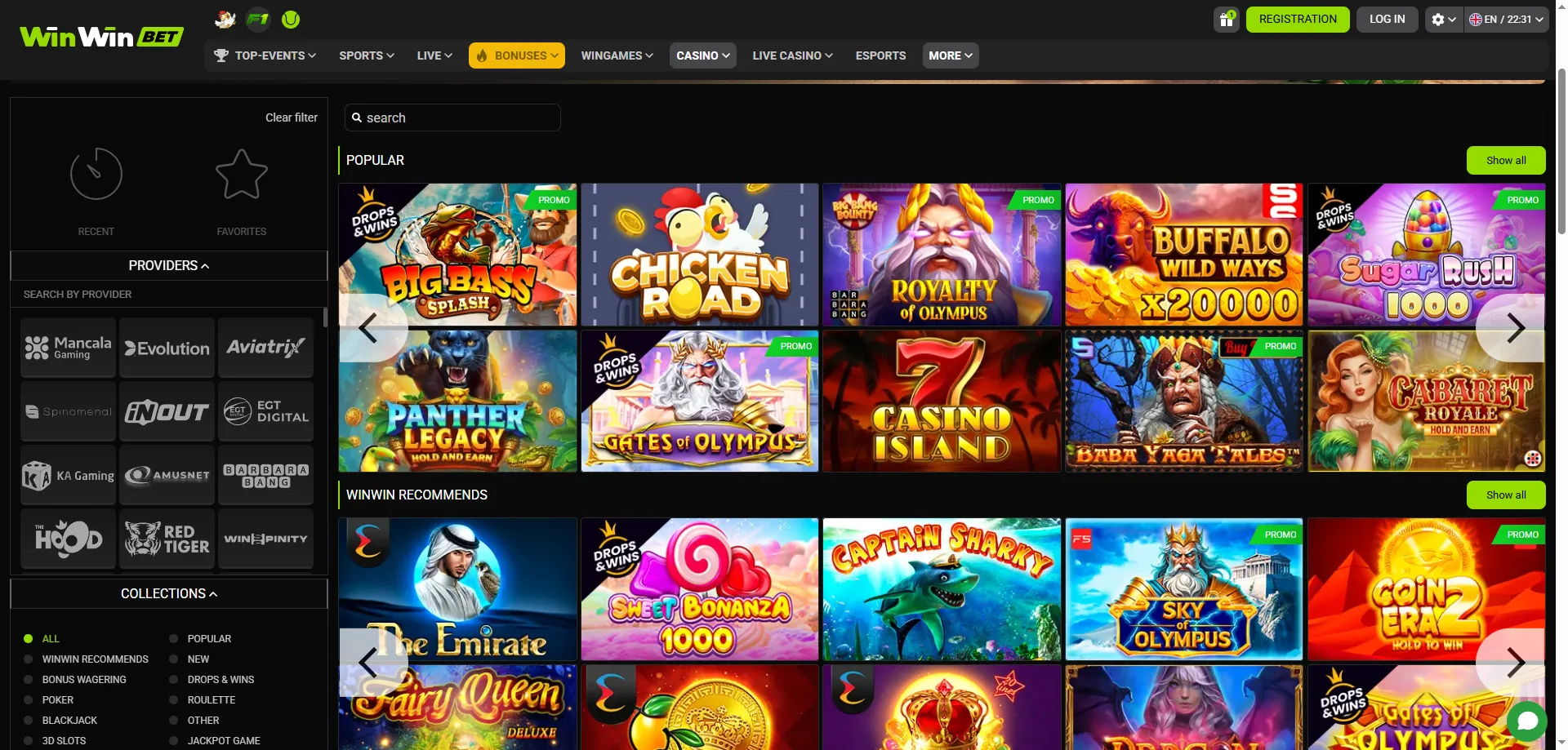 Jeux de casino WinWin Bet — machines à sous et jeux instantanés au Sénégal